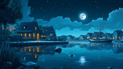 Fototapeta premium Serene moonlit night in a coastal village with calm waters reflecting houses and boats. Moonlit Harbor. Illustration