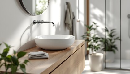 Ultra-realistic 8K photograph of a Scandinavian-style sofa in a minimalist living room. The sofa features a simple, light gray fabric with wooden legs and clean lines. It is adorned with a f