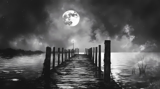Tilt-shift moonlit pier, black and white lithograph, capturing a tranquil seascape's essence. Moonlit Harbor. Illustration