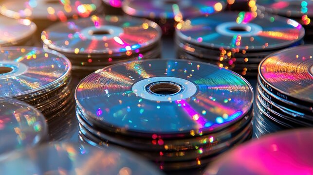 Colorful CDs stacked, reflecting light, festive background, media archive - Powered by Adobe