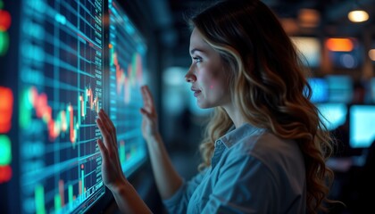 Woman looks at digital financial chart data on large touch screen. Team of traders working together analyze global financial market trends at night. Fintech innovation. Market analysis done by team