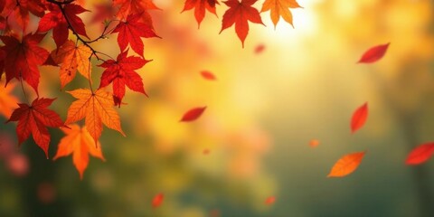 Fototapeta premium Autumnal foliage, vibrant red leaves gracefully falling, soft light illuminating a tranquil forest scene.