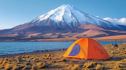 Camping Adventure: Majestic Mountain and Serene Lake