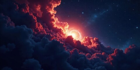 Fototapeta premium A celestial sunrise through a vibrant, swirling nebula amidst dark, brooding clouds and a star-studded expanse.