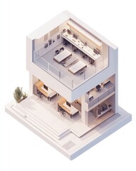 Modern Architectural Design of a Two Story Office Building with Outdoor Space: Isometric View.