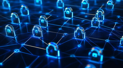 Obraz premium Glowing Network Nodes and Connections Representing Digital Security in a Blue and White Theme