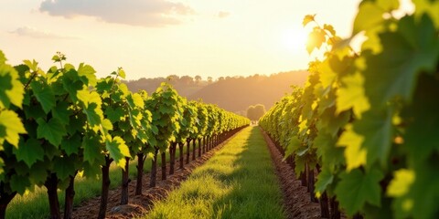 Naklejka premium Golden Hour Vineyard Rows Sunlight Dapples Lush Green Foliage, Promising a Bountiful Harvest