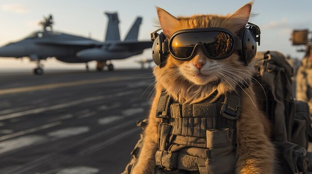 Top Gun Tomcat: A ginger cat in full military gear on an aircraft carrier deck, with a fighter jet in the background.
