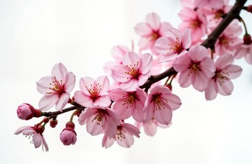 Obraz premium Beautiful pink cherry blossoms on white background. Springtime floral display. Isolated branch of blooming sakura flowers. Delicate petals, buds. Natural beauty. Perfect for springtime, seasonal,
