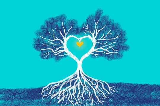 Artistic tree with heart shape and roots on blue background