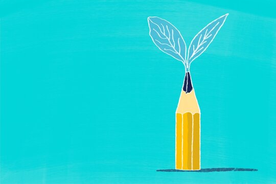 Creative pencil illustration with sprouting leaves