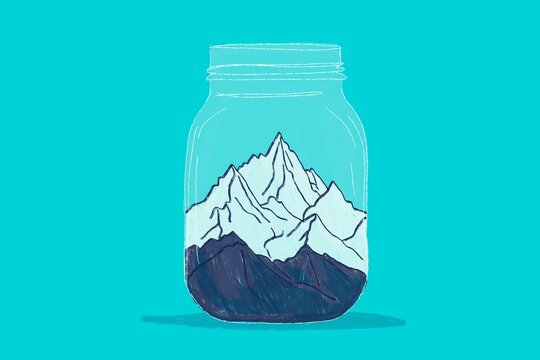 Surreal mountain landscape inside a glass jar illustration