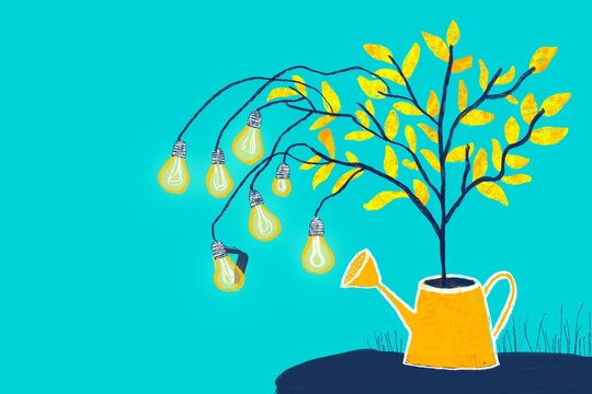 Creativity and growth, abstract tree with light bulbs