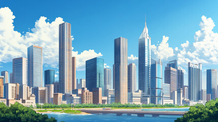 Obraz premium Towering buildings line the skyline, showcasing modern architecture.