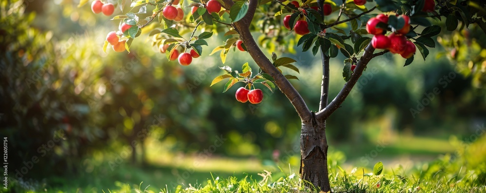 Poster ripe red apples hanging from the branches of a sun-drenched apple tree in a summer orchard