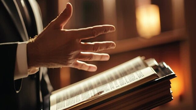 A preacher&rsquo;s hand gestures mid-sermon over an open Bible, bathed in warm church lighting, symbolizing faith and wisdom.