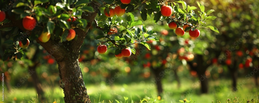 Poster apple orchard with many ripe red apples growing on the trees on a sunny day