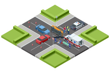Car crash. Isometric vector illustration of a car accident at an intersection, with police and ambulance present. Injured individuals receiving assistance from paramedics