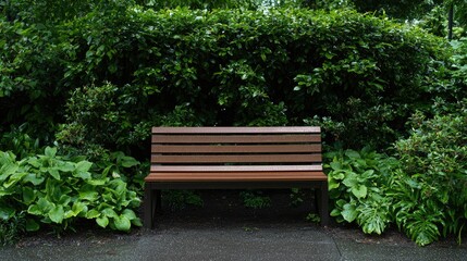 Park bench, serene garden, lush greenery, peaceful setting, nature background, relaxation