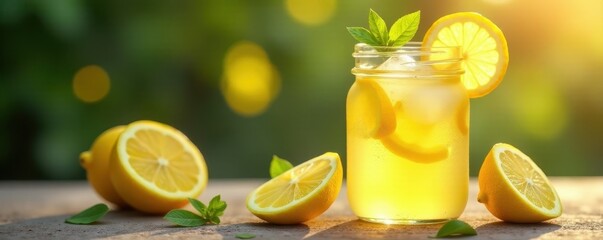 Fototapeta premium Golden lemonade, ice, lemon slices in mason jar, juicy, homemade