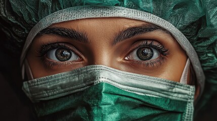 Fototapeta premium Close-up of a woman wearing a surgical mask and cap, showcasing her intense eyes