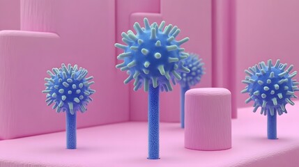 Abstract 3D Render of Blue Virus Structures on Pink Background