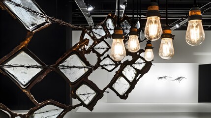 Abstract Art Installation, Rusty Metal, Glass, Barbed Wire & Edison Bulbs