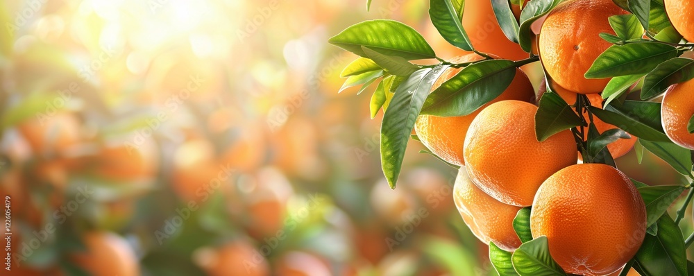 Poster sun shining through branches of orange tree full of ripe oranges in an orchard