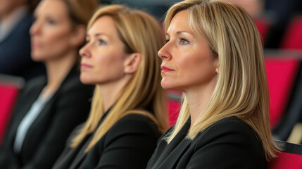 Obraz premium Three women with blonde hair are seated in a conference setting, attentively listening, dressed in professional attire with a focused expression.