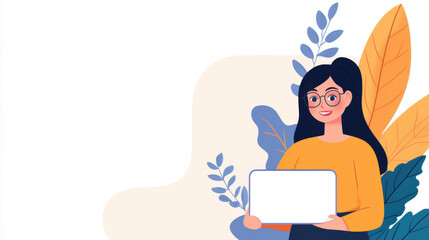 A cheerful woman holds a laptop, surrounded by colorful leaves and plants, representing technology and creativity in a vibrant design.