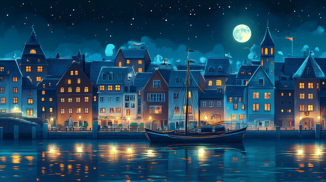 Enchanting fantasy town at night, illuminated buildings, moonlit harbor, magical atmosphere. Moonlit Harbor. Illustration