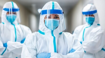 Doctors wearing protective suits, face masks and visors standing in hospital corridor