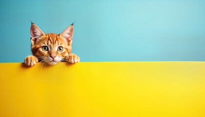 Obraz premium Cute ginger kitten peers over bright yellow sign. Playful cat curious, looks inquisitive. Image shows contrast of colours, cat attention. Indoor studio shot. Good for pet products social media.