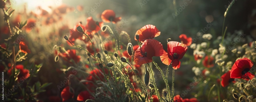Aufkleber blooming red poppy flowers in a field illuminated by the golden glow of the setting sun