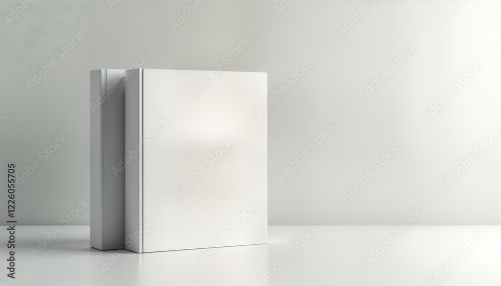 Poster blank white book stands on white background. simple design mock-up. versatile product presentation f