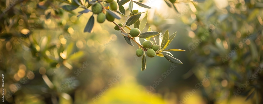 Poster olive tree in a tuscan grove with sun shining through branches and olives growing