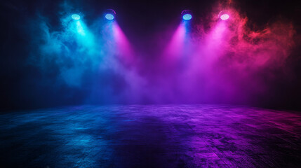 "Neon Night: A Colorful Concert Stage with Fog and Lights"