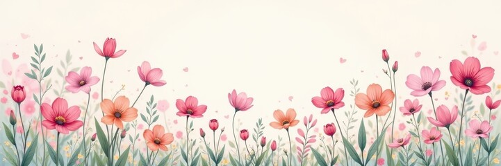 Fototapeta premium Charming spring bouquet, delicate line art, soft color palette, delicate