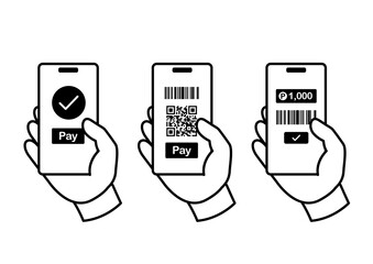 スマートフォンを手に取り電子決済をする線画イラスト