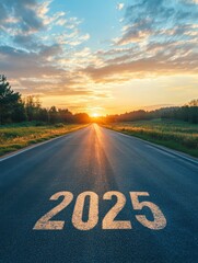 Golden sunlight illuminates a road with the year 2025 marked on it, symbolizing hope, the journey ahead, and new beginnings.