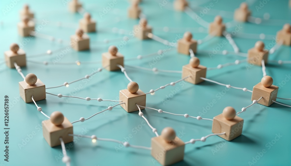 Poster Small light brown wooden blocks with small light brown spheres atop form network. Blocks linked with thin white strings. Illustration shows connections, relationships between individuals in group.