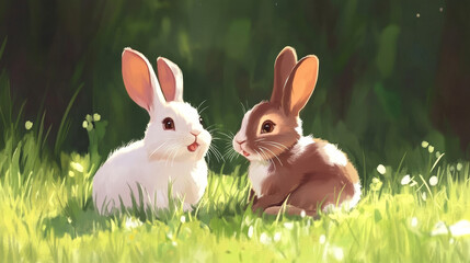 "Bunny Bliss: Two Adorable Brown and White Rabbits in a Green Meadow"