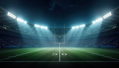 Nighttime football stadium. Spectators fill stands. Bright stadium lights illuminate field. Game anticipation evident. Victory defeat hangs in air. Dramatic atmosphere. Teamwork, determination