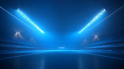Futuristic Stadium Night Scene: Blue Neon Lights Illuminate Empty Arena