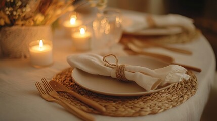 Rustic dinner table setting with candles, close-up