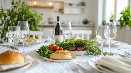 Fototapeta premium Elegant Purim Festive Table Setting with Decorated Meal and Fresh Greenery. Concept of Celebration, Family Gathering, Traditional Cuisine, and Cultural Festivities