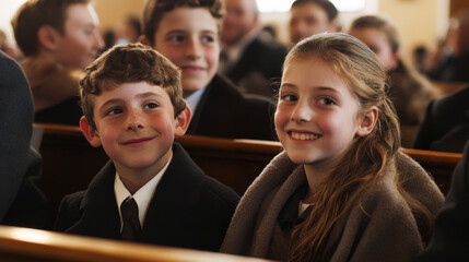 Obraz premium Jewish children celebrating Purim at synagogue with happy smiles. Young girl and boy enjoying festive atmosphere. Concept of cultural traditions, family gatherings, religious celebrations, joyful 