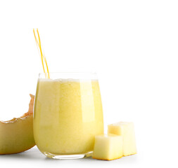 Glass of tasty melon smoothie on white background
