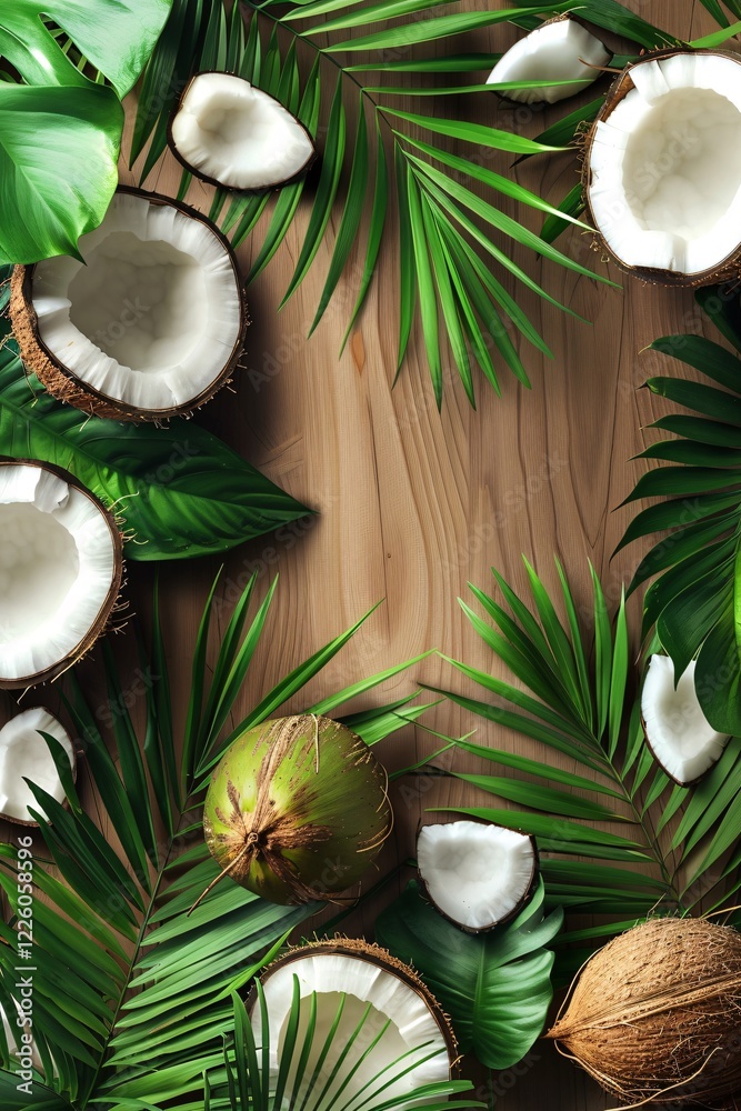 Poster tropical border design with fresh coconuts and palm leaves surrounding a wooden surface with copy sp