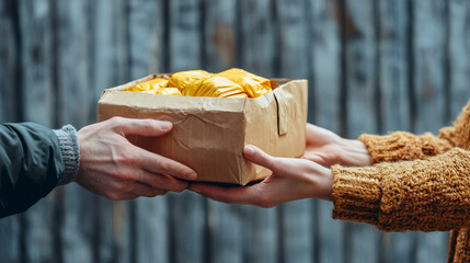 Hands exchanging food donation box with yellow items. Concept of charity, giving and receiving, helping hands, community support for Purim celebrations